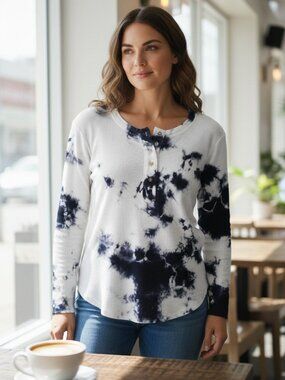 Striking Raquel Allegra Women's Sparrow Tie Dye Henley Shirt White/Navy Size 0